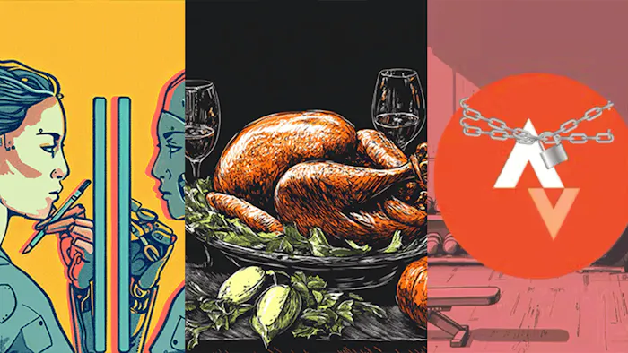 A combo of three images: a robot staring at a woman, a Thanksgiving turkey, and a Strava logo with a chain around it.