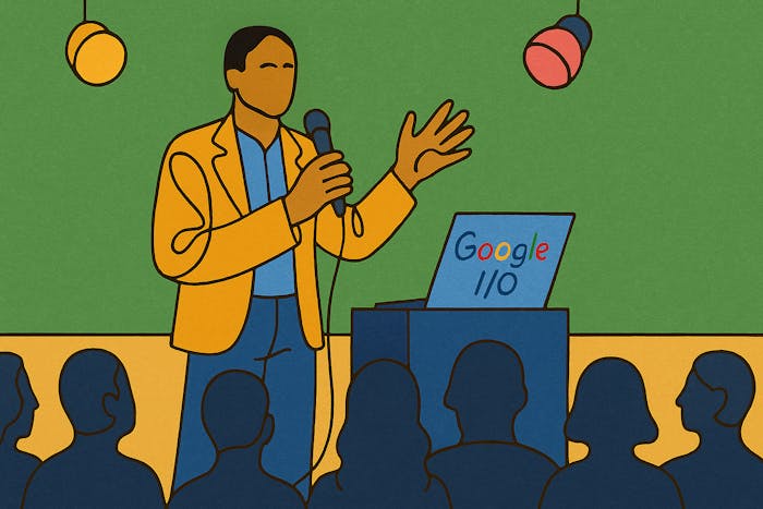 A man gives a keynote speech at Google I/O