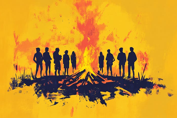People standing around a campfire
