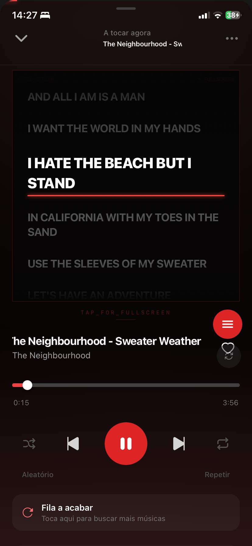 expanded player with lyrics, controls, shuffle and repeat features and a queue