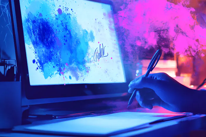 A person scribbles on a page and generates a video on a screen