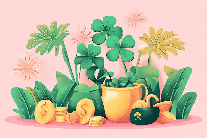 Four-leaf clovers with gold coins