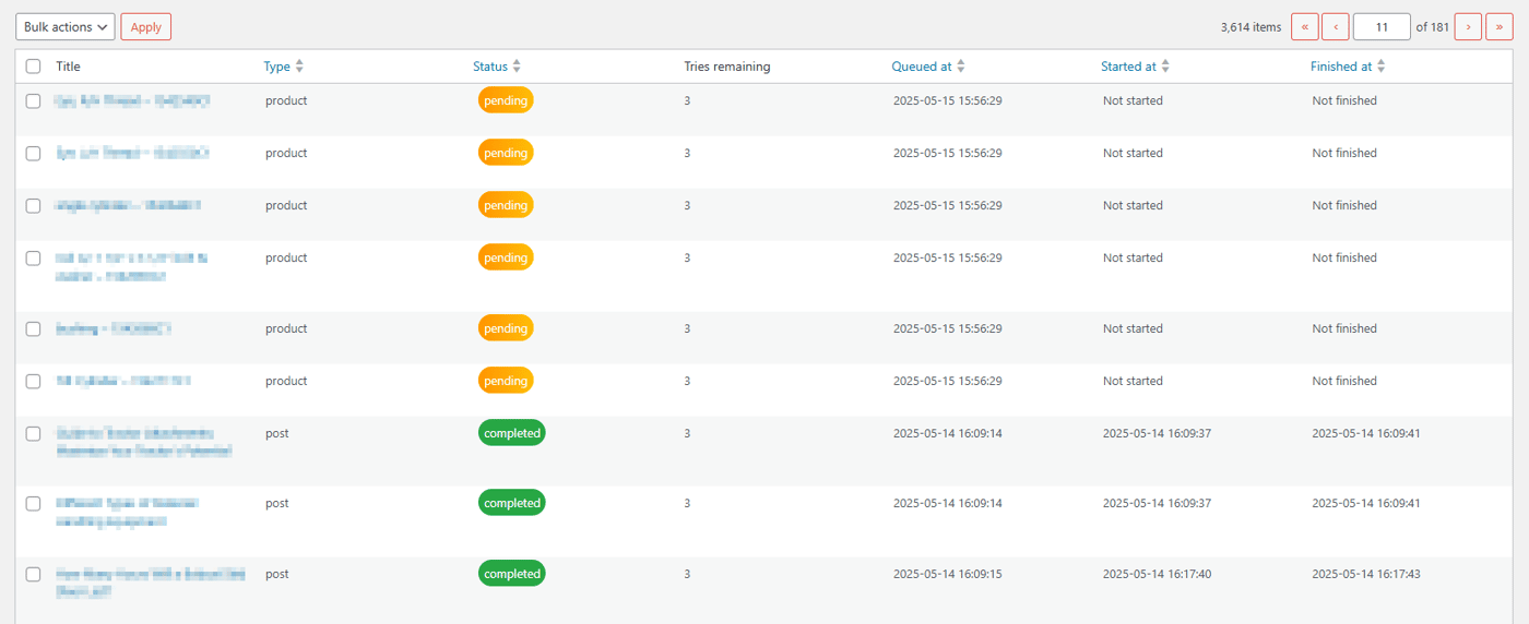 embedding queue with some pending posts and some completed