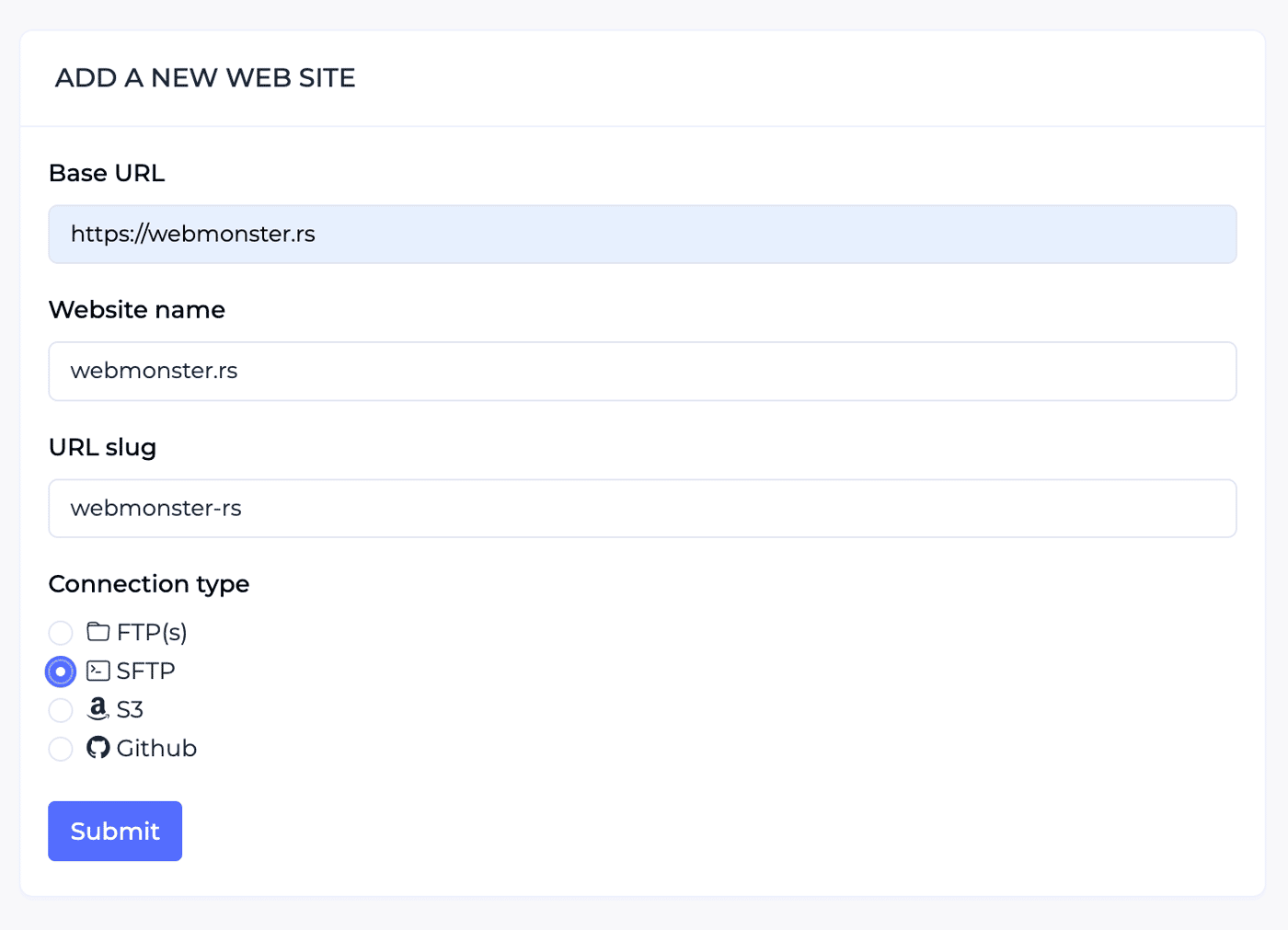 Website creation dialog