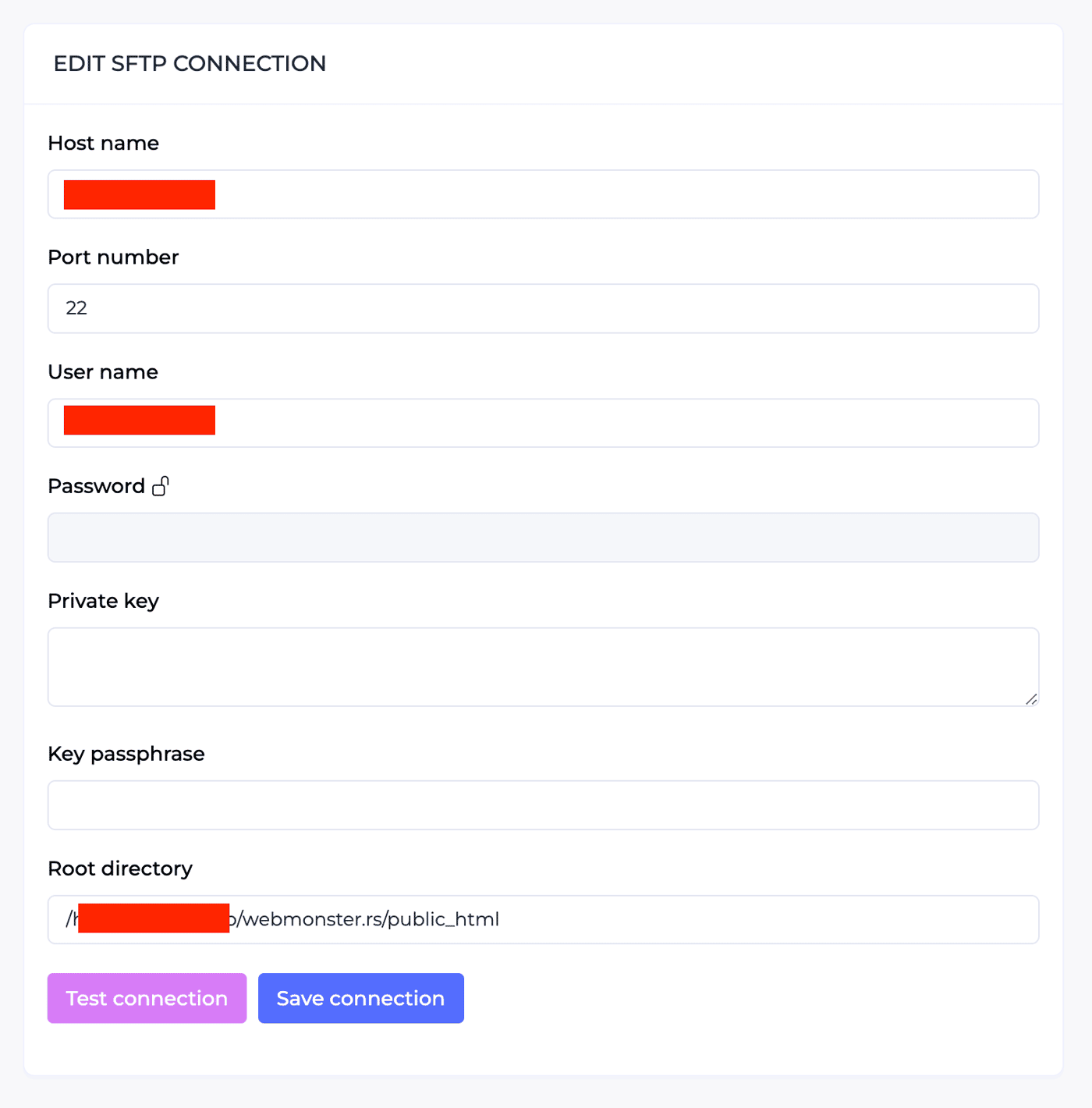 SFTP connection editor
