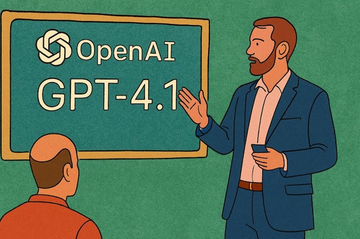 One man explains OpenAI's new GPT-4.1 release to another man.