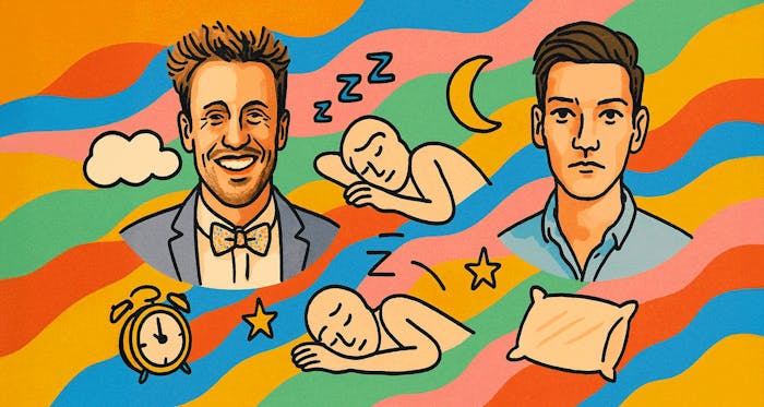 An image of Marc Lou and Pieter Levels floating among symbols representing sleep.