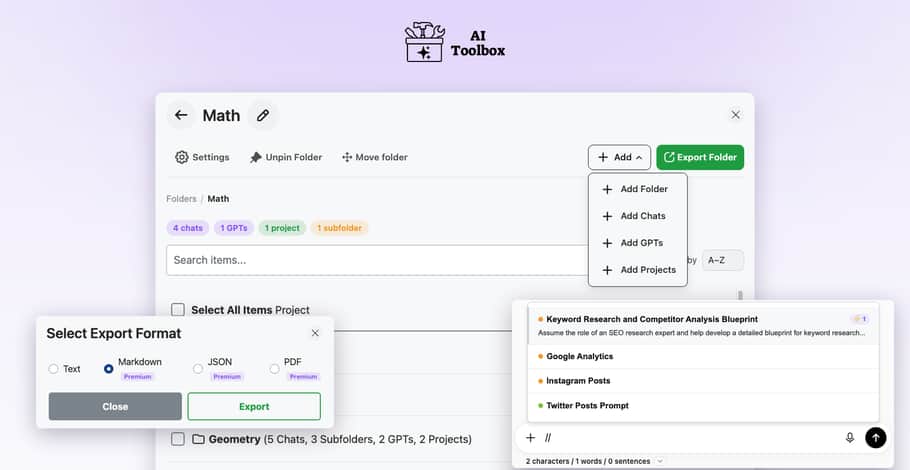 AI Toolbox extension showing nested folders, one-click folder export with format options, and the prompt library