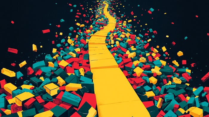 A yellow brick road surrounded by Lego bricks.