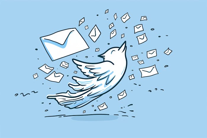 The Twitter bird flies among direct message envelopes.