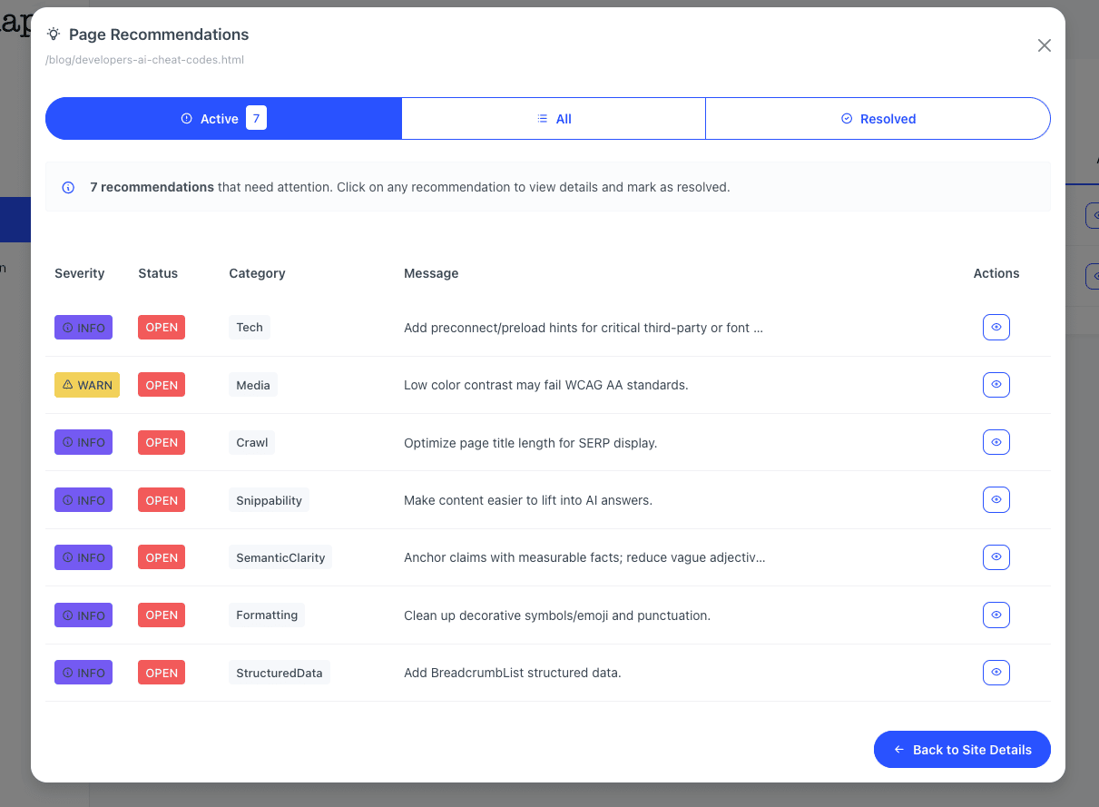 AltSnap.ai dashboard showing 7 active page recommendations, including Snippability and Semantic Clarity checks.
