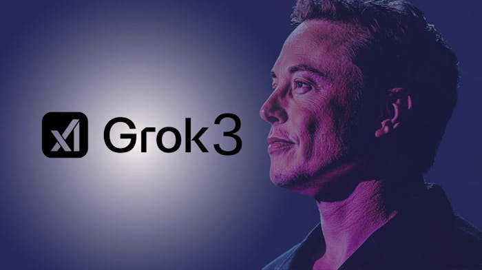 Elon Musk gazes at a logo of Grok3