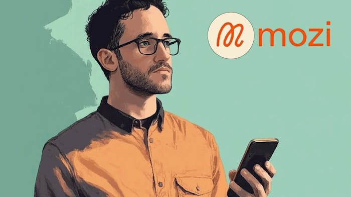 Illustrated photo of Ev Williams with a logo of Mozi, his new social media app