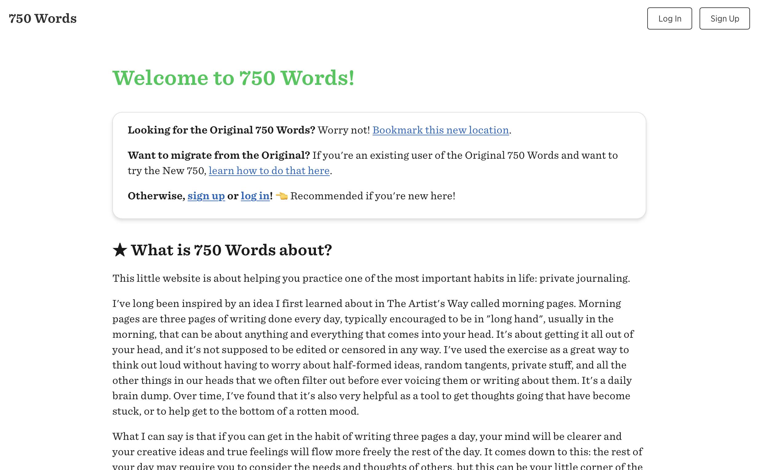 750 Words homepage