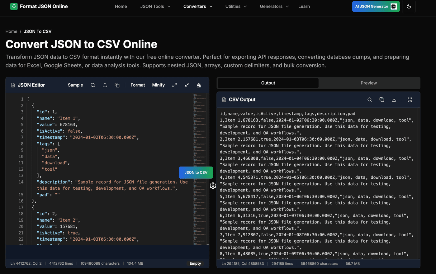 Format json online convert json to csv on a 100mb file