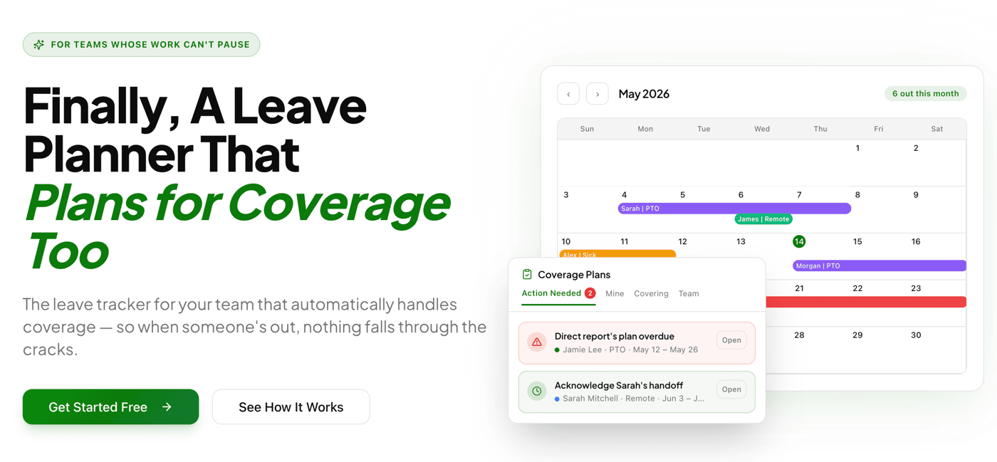 Homepage for Be Right Back, has mockups of the calendar feature as well as manager alerts