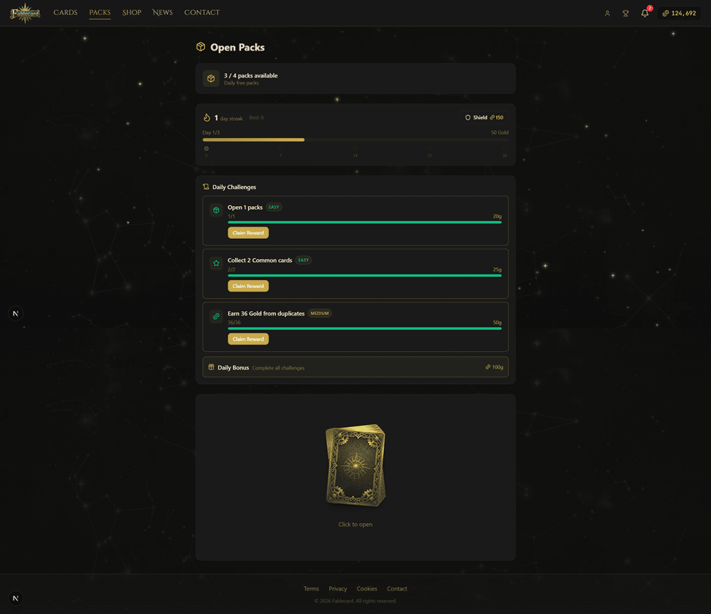 Page with packs with cards
