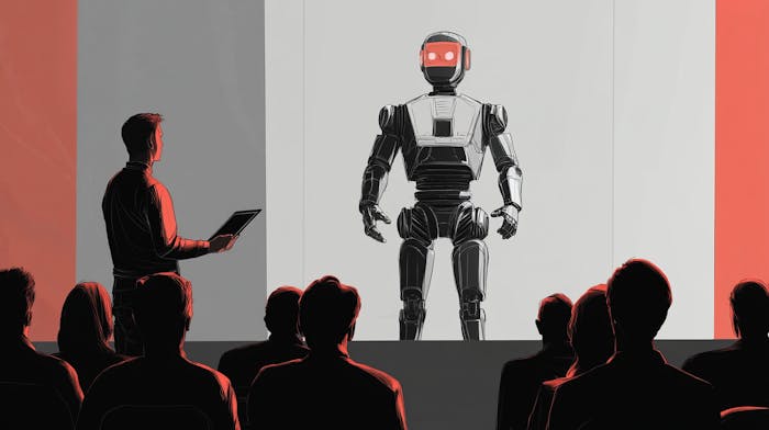 A robot is being presented at a keynote event