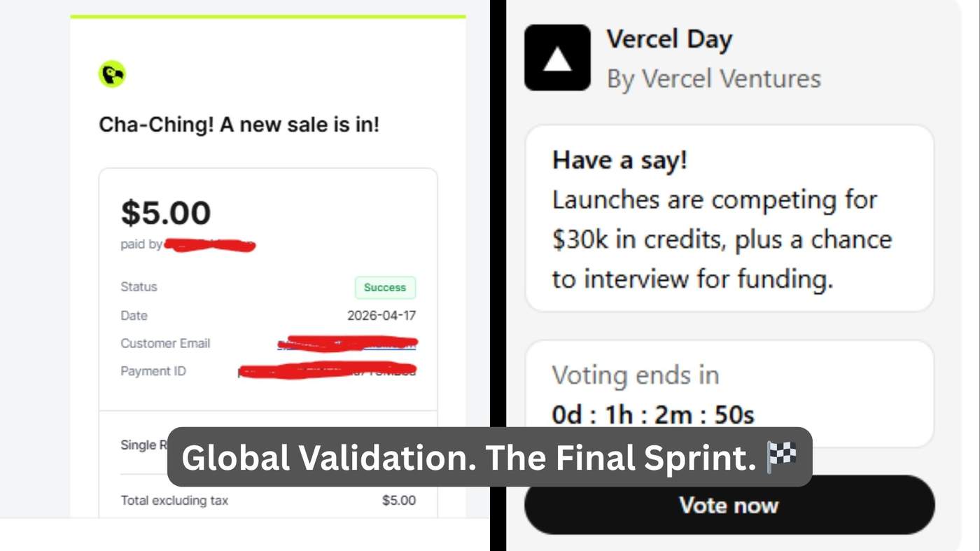 Screenshot images of roast my landing version 2.0 first sale from US and vercel day countdown ticker on product hunt