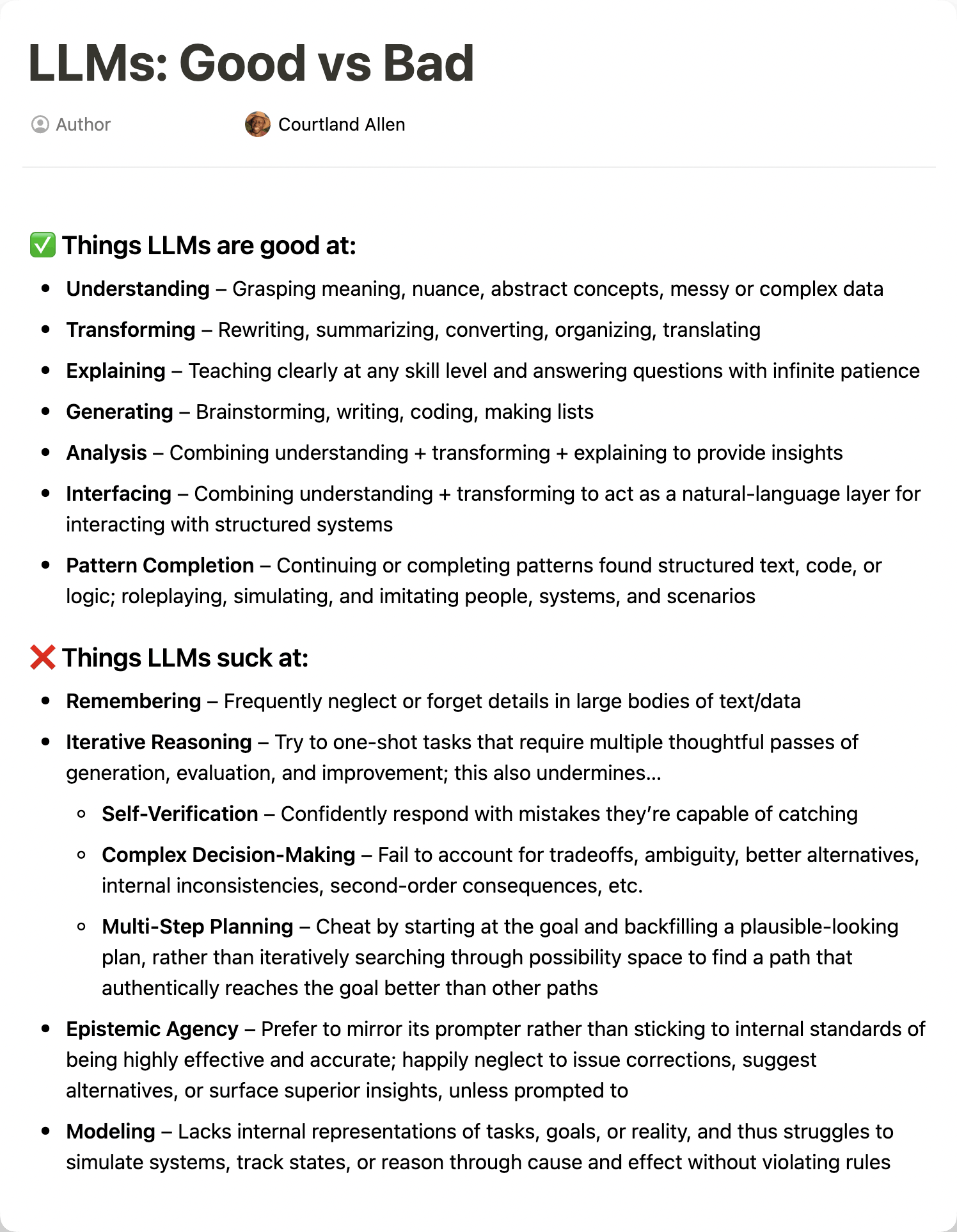 list of strengths and weaknesses of LLMs, with strengths including generating, understanding, transforming, explaining, analyzing, interfacing, and competing patterns; and weaknesses including remembering, iterative reasoning, agency, and modeling
