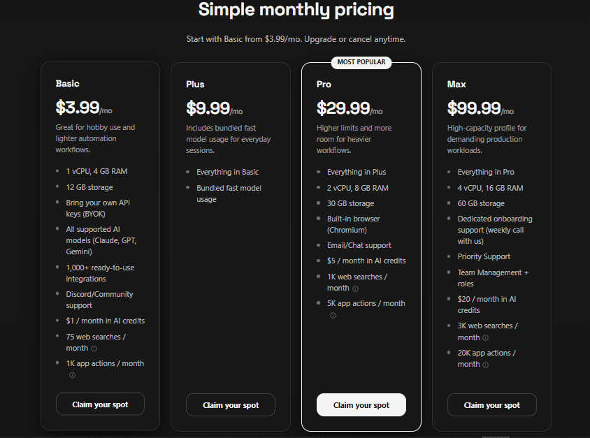 Pricing tiers for Agent37, including Basic, Plus, Pro, and Max plans with their features and monthly costs