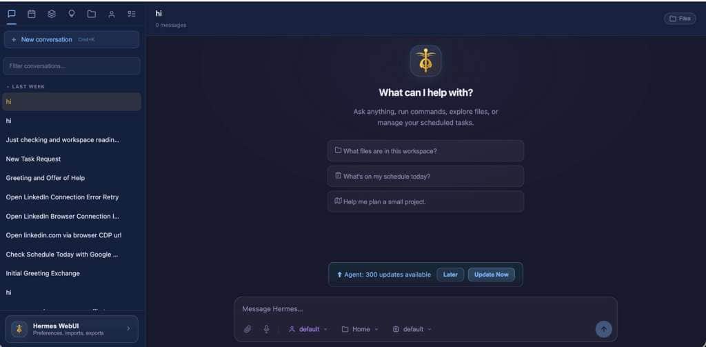 Chat interface with Hermes WebUI showing options for managing tasks and updates