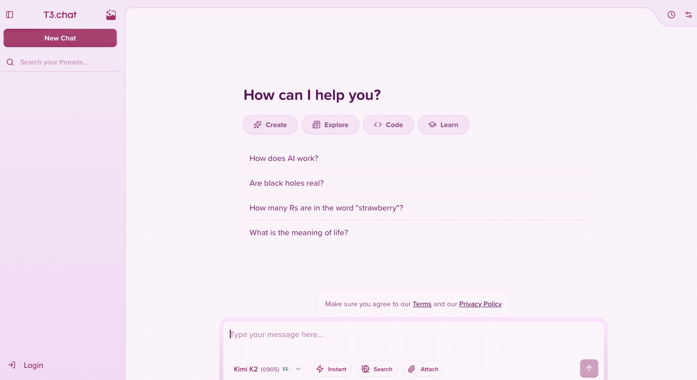T3 Chat homepage