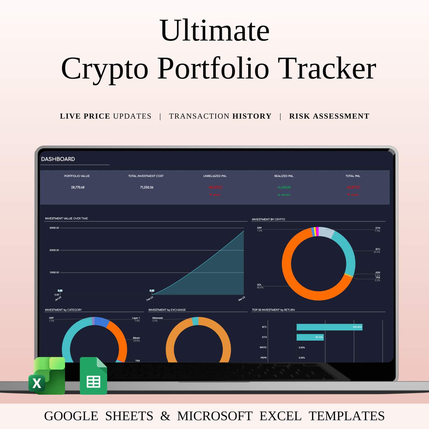 Ultimate Crypto Portfolio Tracker | Dark Mode - from SpreadsheetsHub