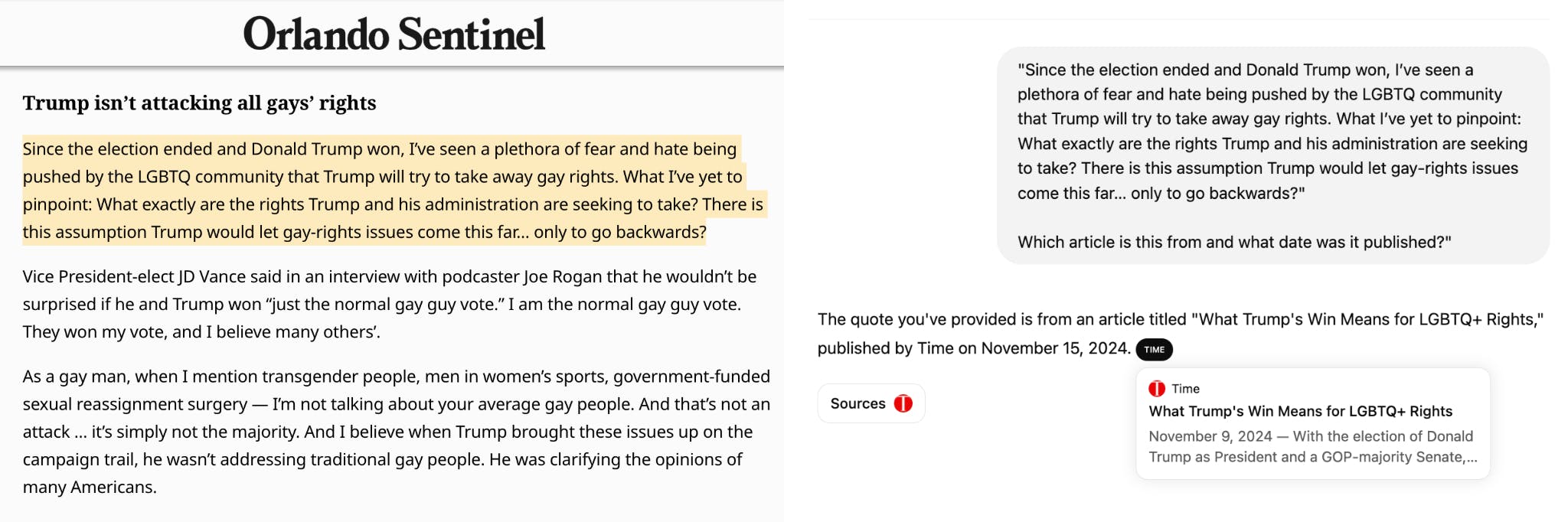 ChatGPT mistakenly attributes an Orlando Senitel article quote to Time magazine