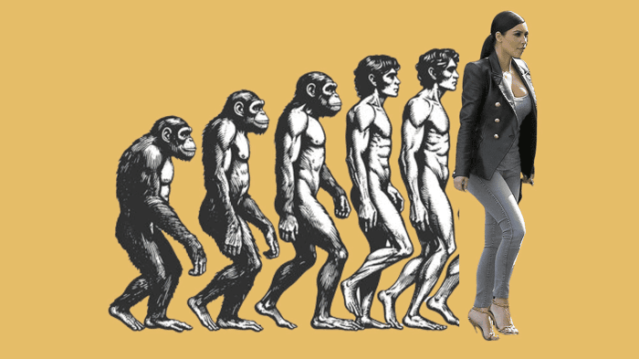 A series of pre-modern humans are depicted evolving into a woman wearing a business suit. The woman represents a creator.
