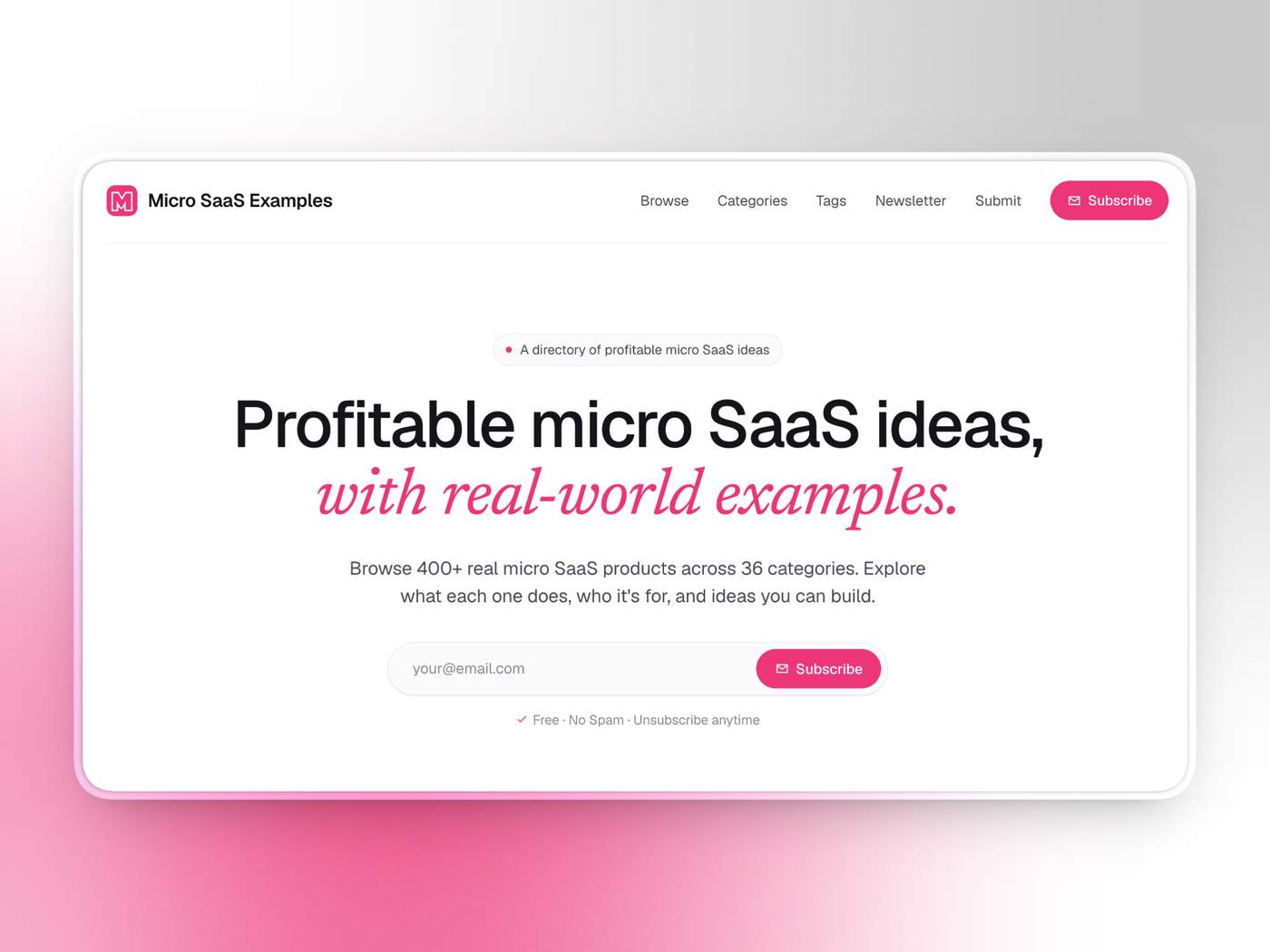 Micro SaaS Examples Website Image: Collection of 400+ real micro SaaS products