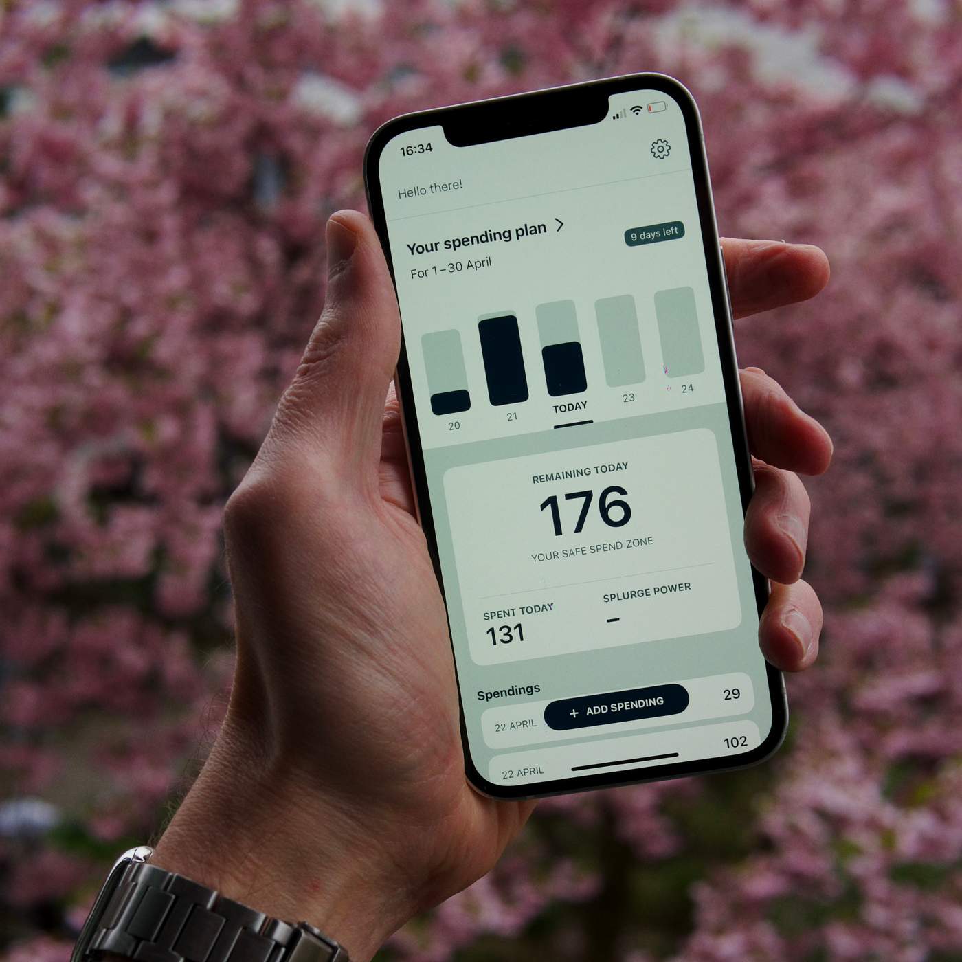 A phone held up in front of cherry blossom trees, showing the main screen of the personal finance app described in the post.