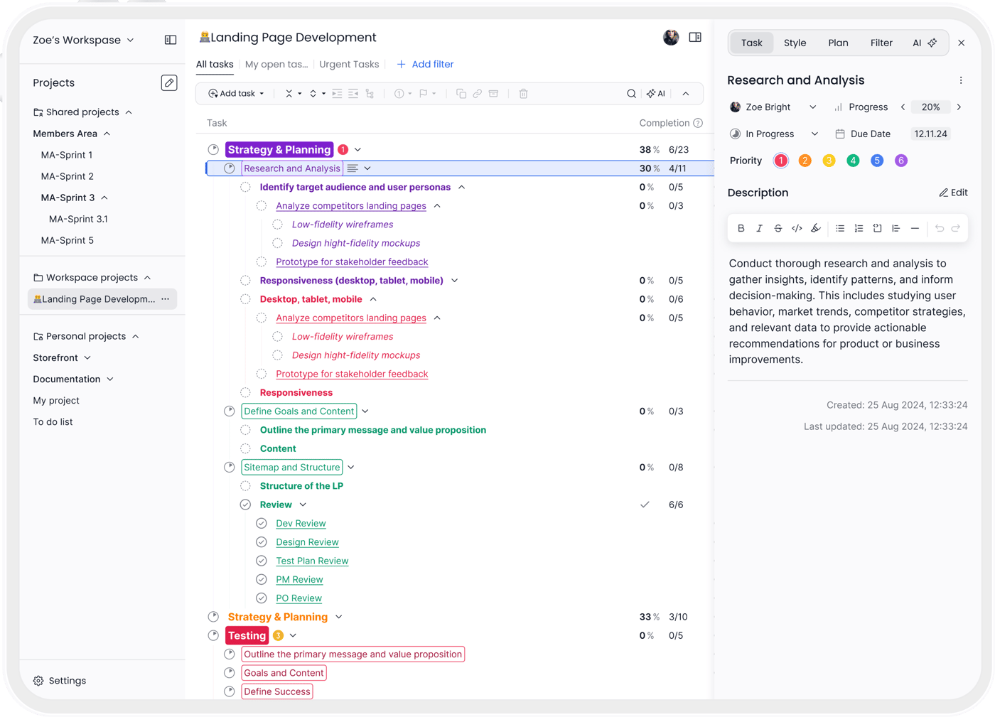 Nean Project is the task management application with a structured, color-coded hierarchy of nested tasks, workspaces and projects, task information such as status, progress, priority, dates, and description.