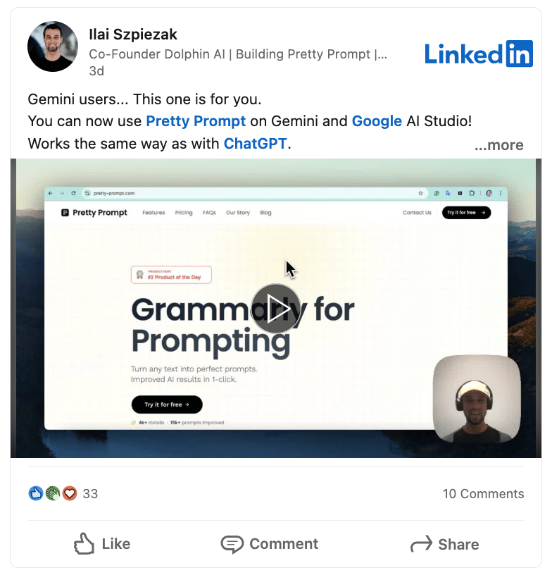 Founder of Pretty Prompt showing how it works on Gemini.