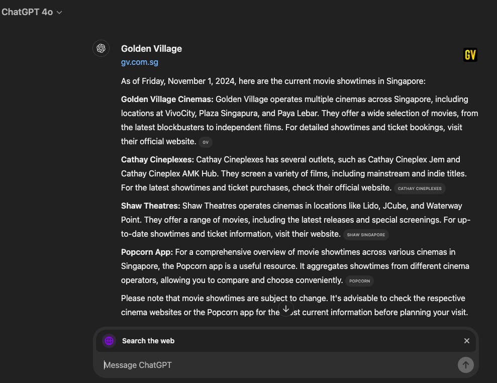 ChatGPT search 'movie times'