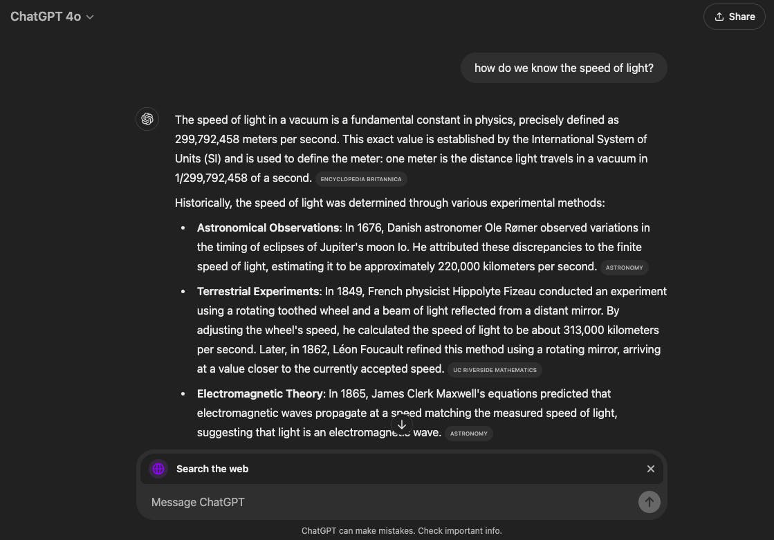 Search GPT results speed of light
