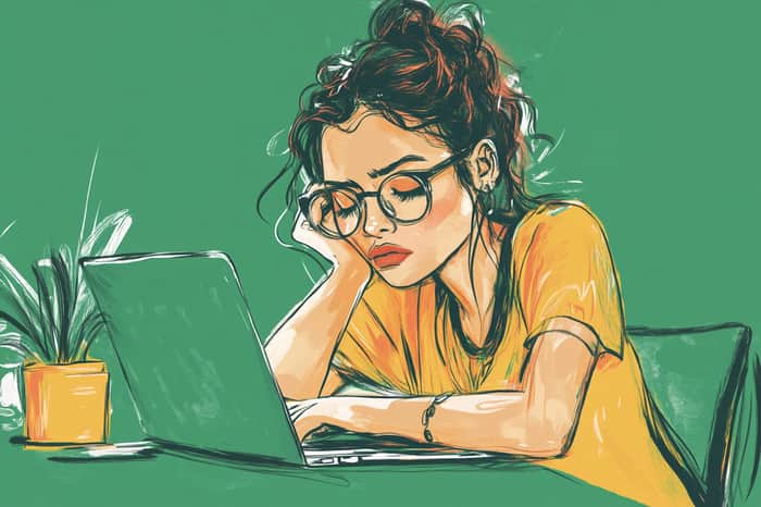 An overworked founder slumps at her desk