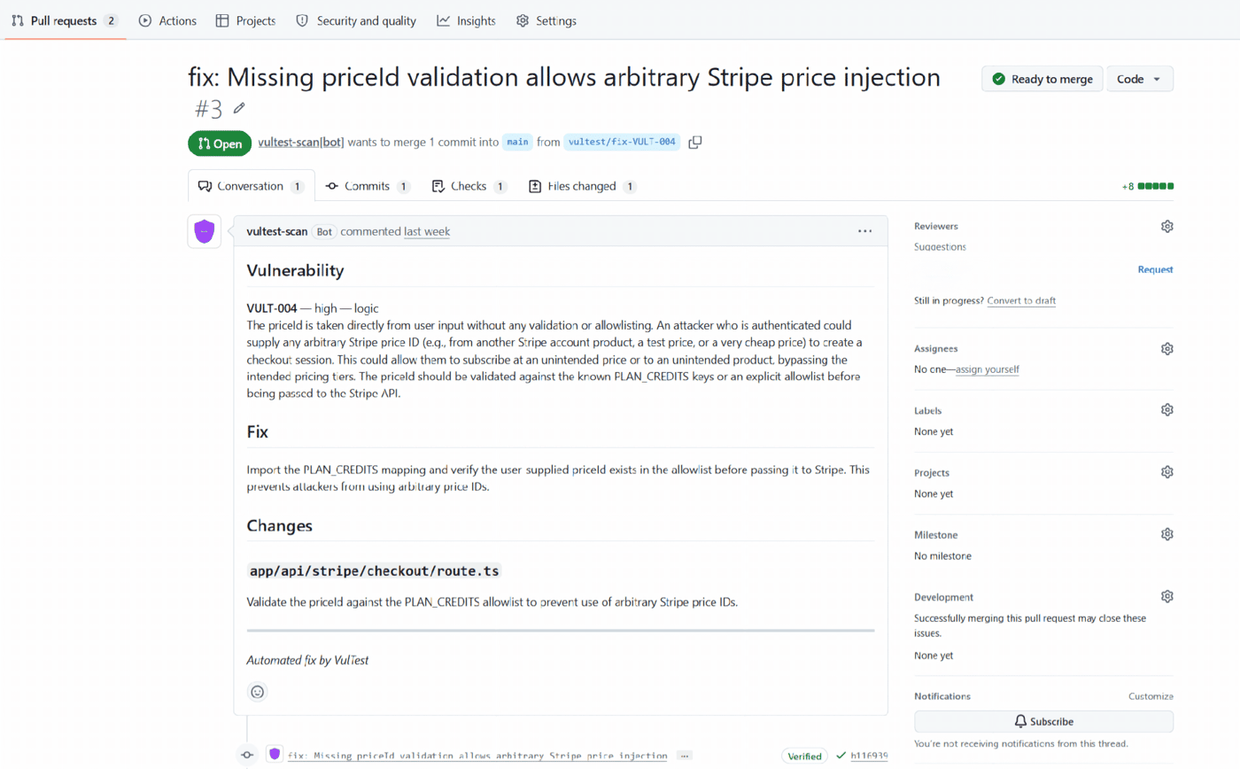 Created PR fixing vulnerability