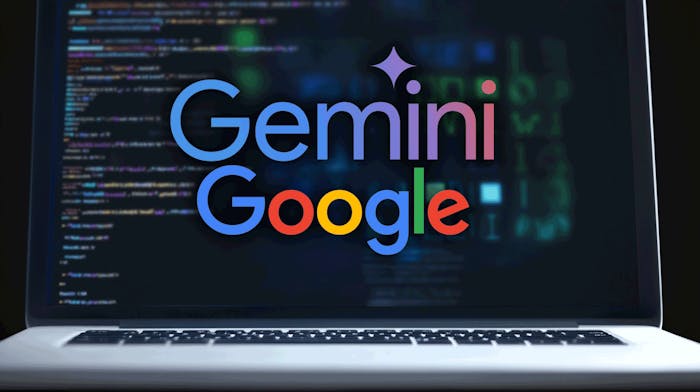 A laptop depicting showing the words "Gemini" and "Google"