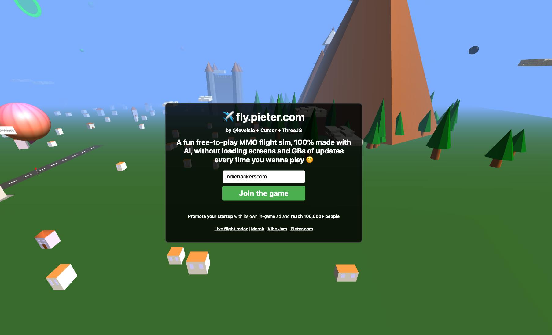 Screenshot of Fly, a vibe-coded flight simulator