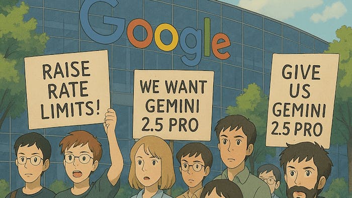 people stand in protest outside of the Google offices demanding a better version of Jim and I.